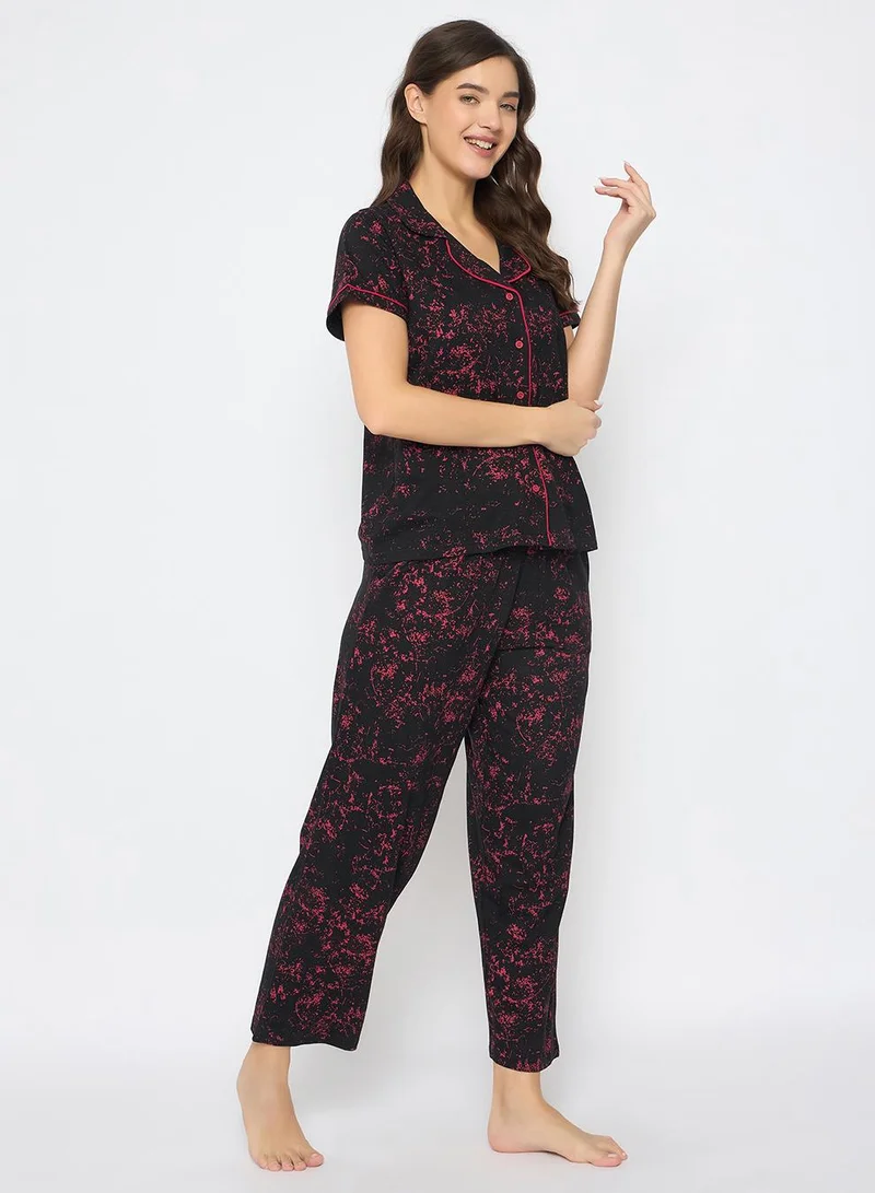 Clovia Black Printed Button Down Night Suit in Black - 100% Cotton for Women | Best Price UAE